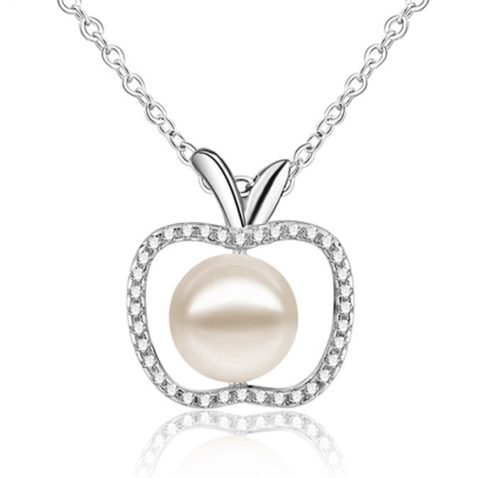 Apple with Freshwater Pearl Pendant Silver Necklace for Women