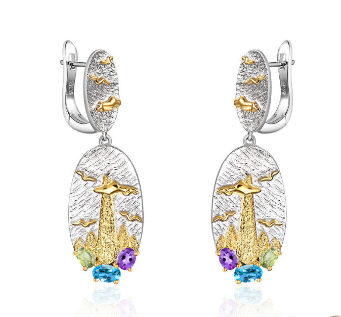 Italian Style Inlaid Colourful Crystal Oval Silver Drop Earrings for Women