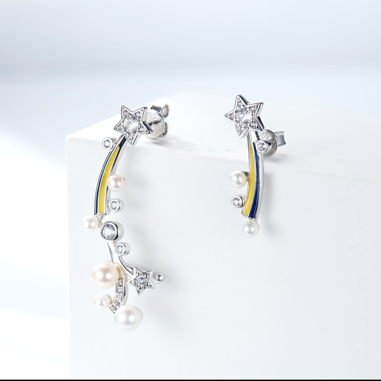 Meteor Enamel with Pearl Ear Bone Clips and Studs Earrings for Women