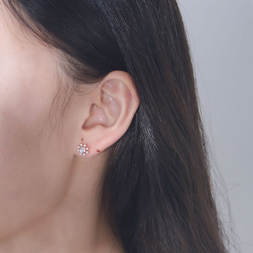 Moon Stone Sunflower Silver Studs Earrings for Women
