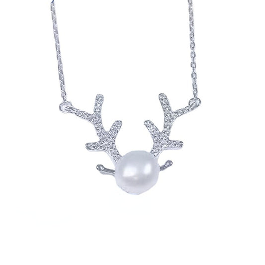 Zircon Antler with Pearl Pendant Silver Necklace for Women
