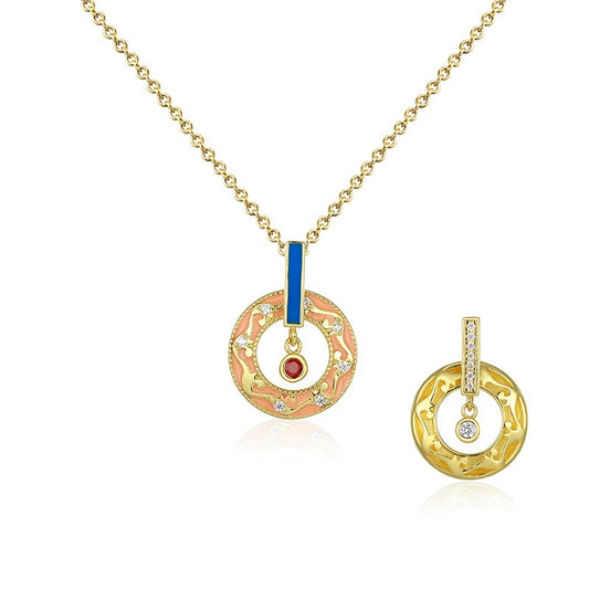 Two-sided Enamel with Red Zircon Hollow Circle Pendant Silver Necklace for Women