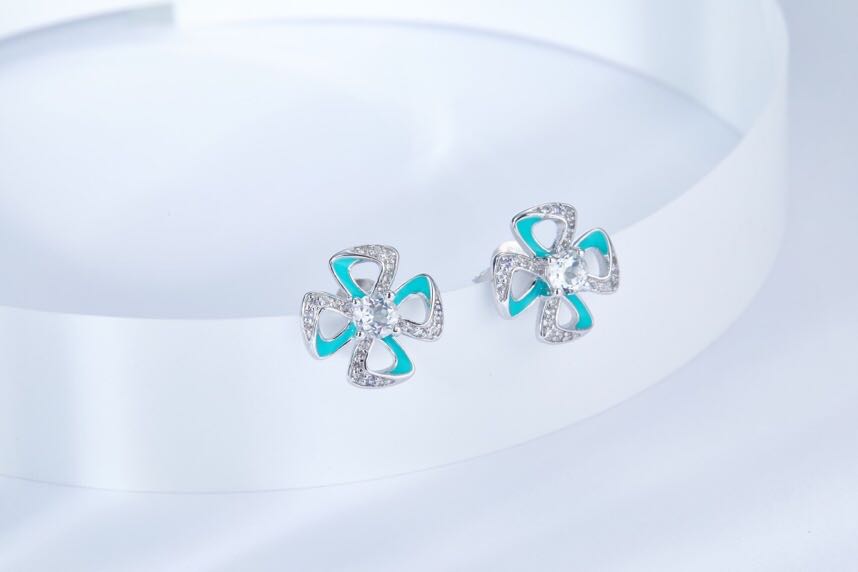 Blue Clover Enamel Silver Studs Earrings for Women