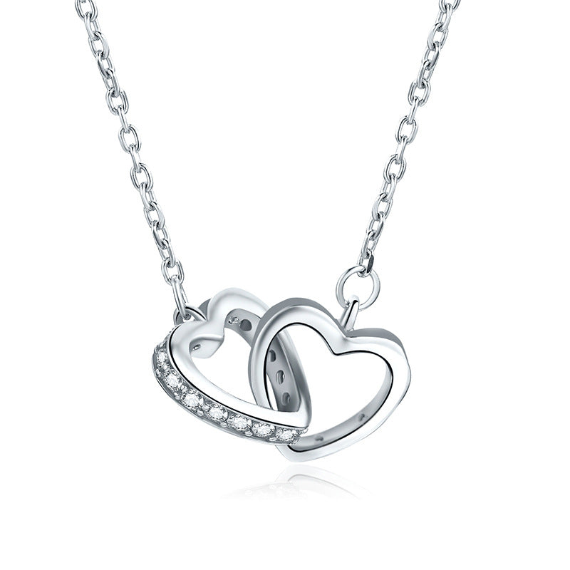 Valentine's Day Gift Two Hearts with Zircon Pendant Silver Necklace for Women
