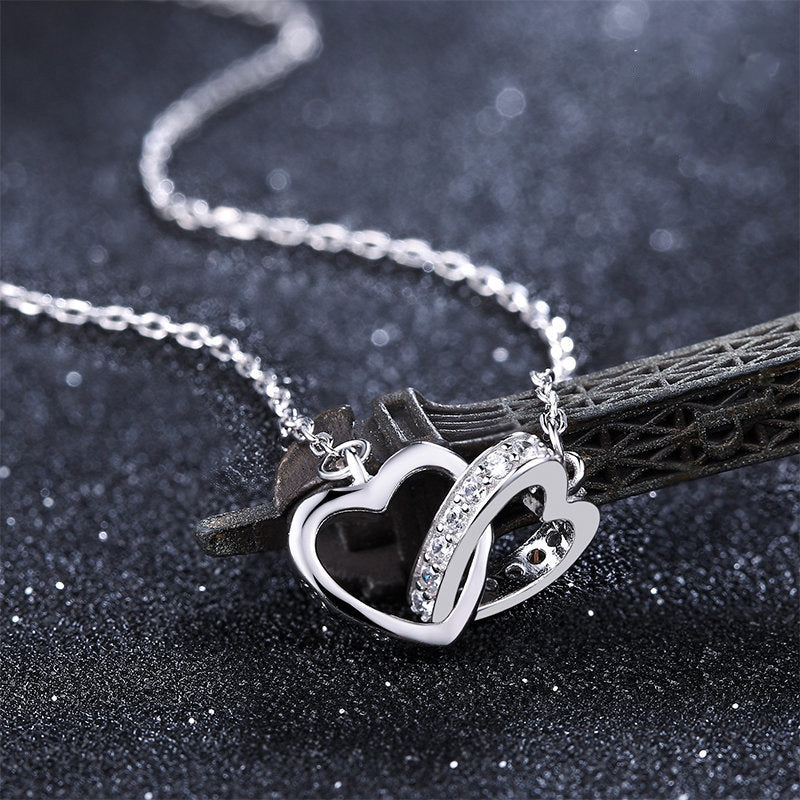 Valentine's Day Gift Two Hearts with Zircon Pendant Silver Necklace for Women