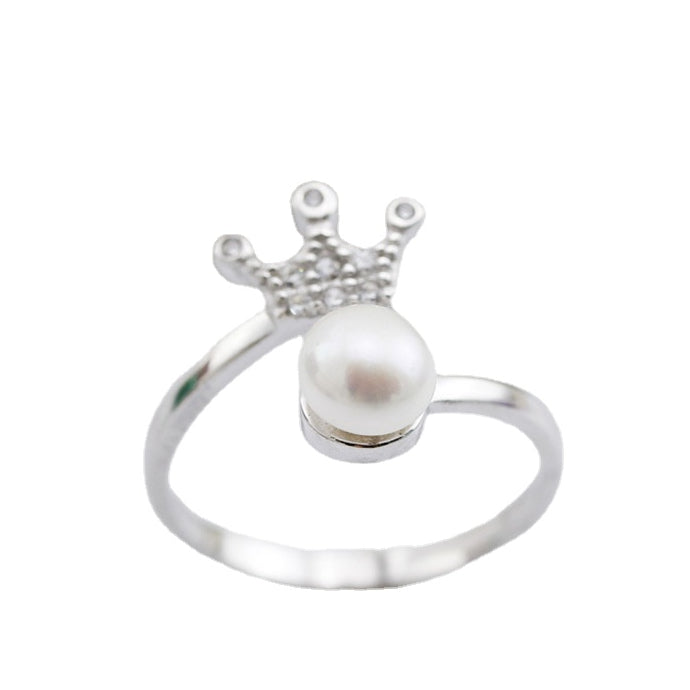 Zircon Crown with Freshwater Pearl Silver Ring for Women