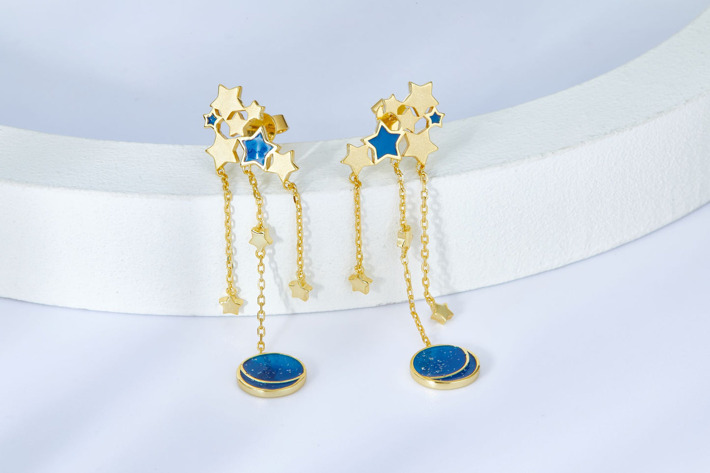 Blue & Golden Moon Star Enamel Dopr Earrings for Women