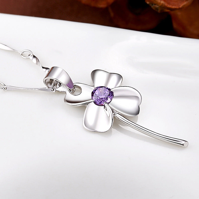(Pendant Only) Four Leaf Clover with Zircon Silver Pendant for Women