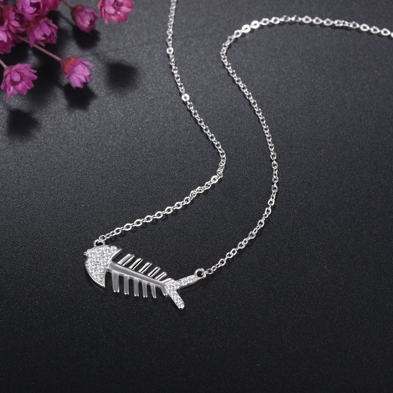 Fishbone with Zircon Pendant Silver for Women