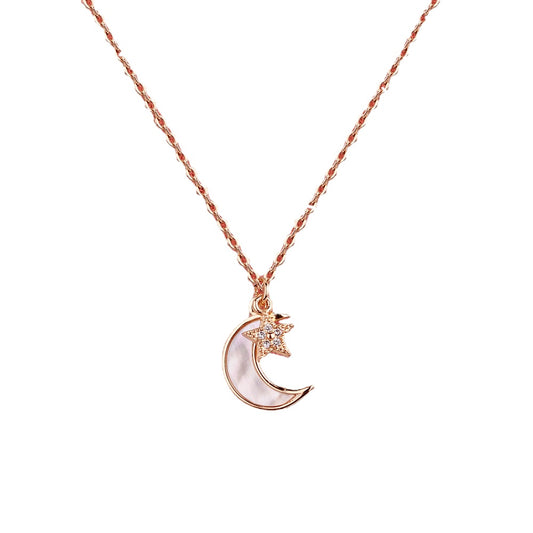 Mother of Pearl Moon with Zircon Star Pendant Silver Necklace for Women