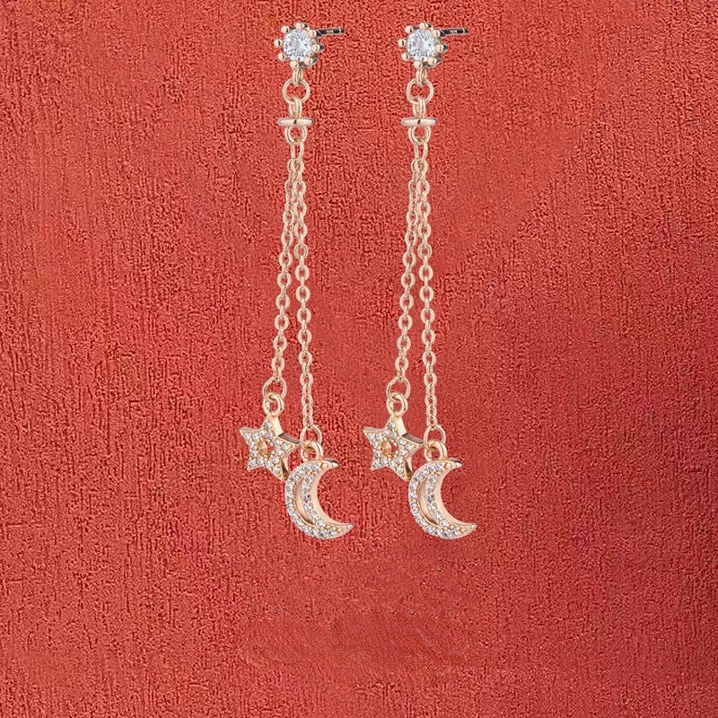 Fringed Zircon Star Moon Long Silver Drop Earrings for Women