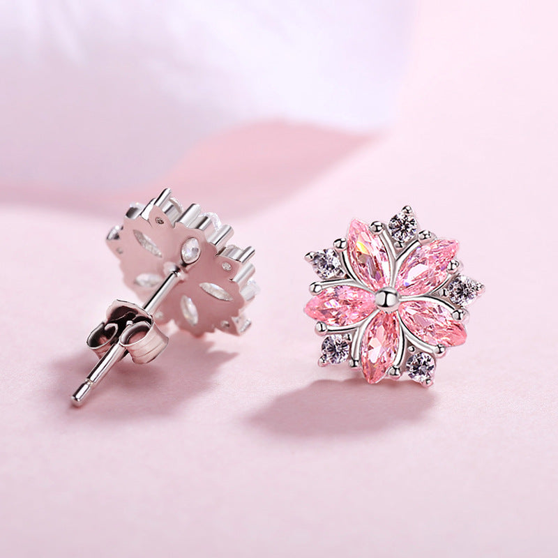 Pink Zircon Cherry Blossoms Silver Studs Earrings for Women