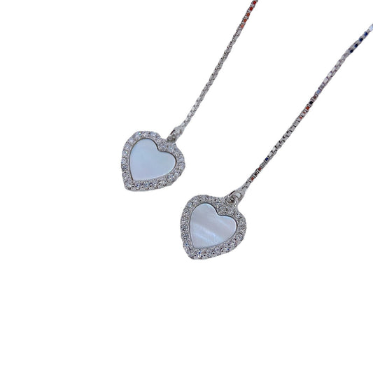 Heart-shape Mother-of-pearl Tassel Earline Silver Drop Earrings for Women