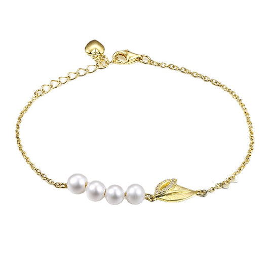 Elegant Freshwater Pearl with Zircon Leaf Silver Bracelet for Women