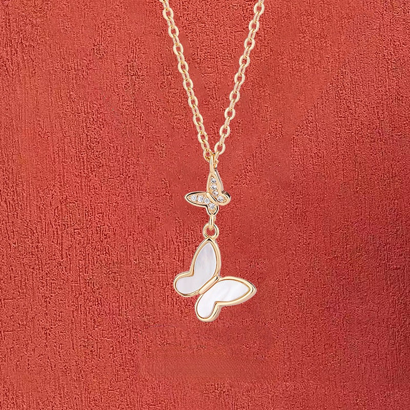 Mother of Pearl Double Butterflies Pendant Silver Necklace for Women