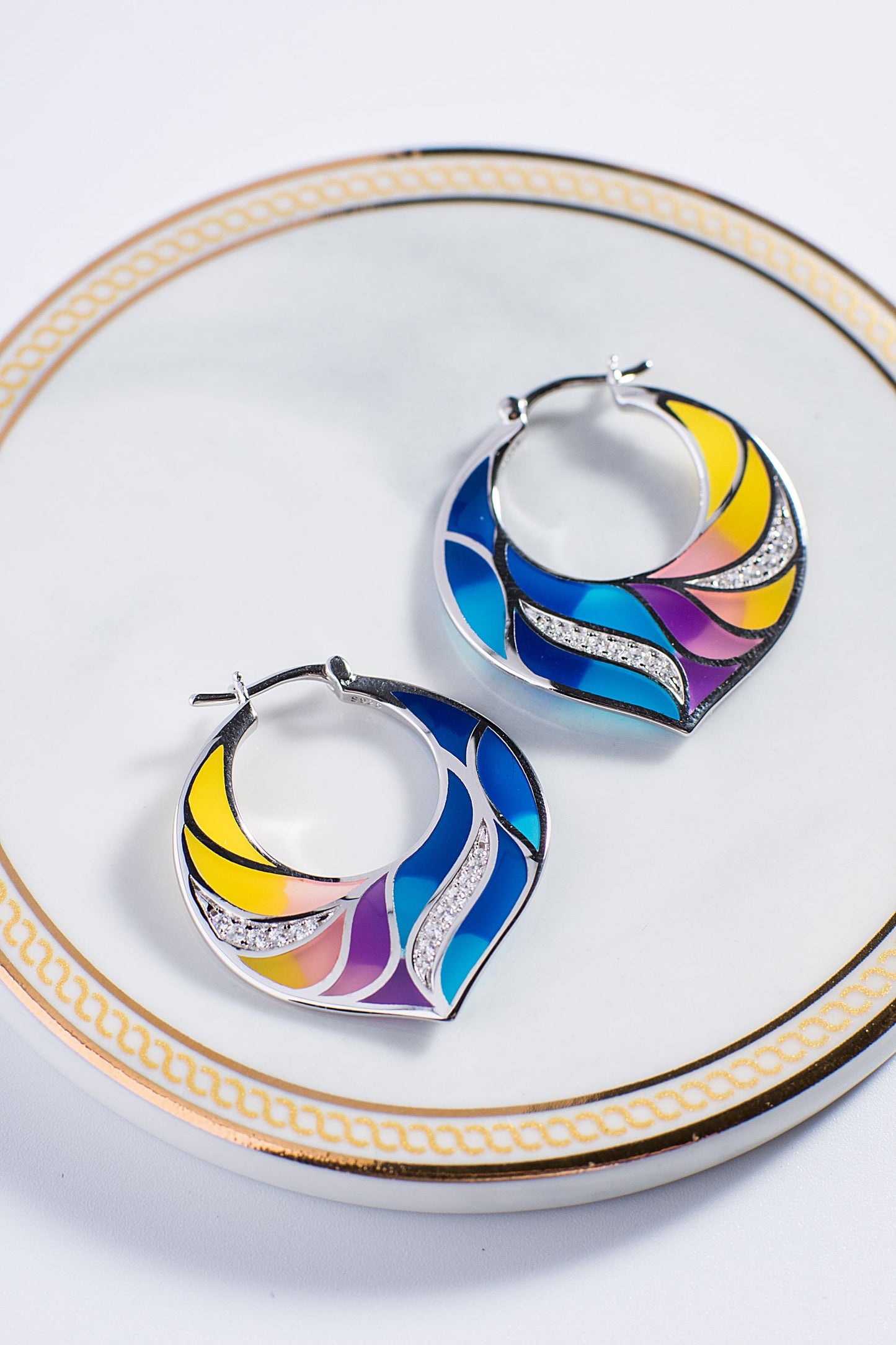 Colourful Veins of Leaf Enamel Silver Earrings for Women