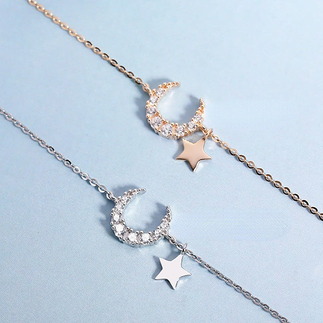 Zircon Moon with Star Silver Necklace for Women