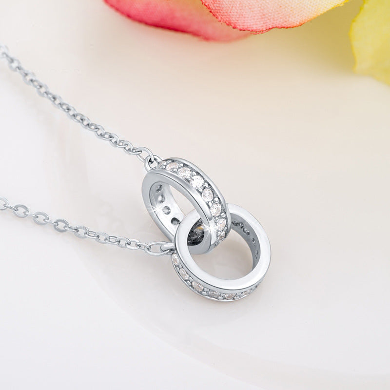 Two Circle Buckle with Zircon Silver Necklace for Women