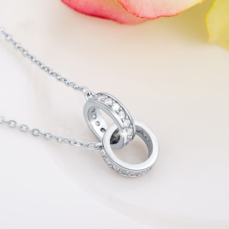 Two Circle Buckle with Zircon Silver Necklace for Women