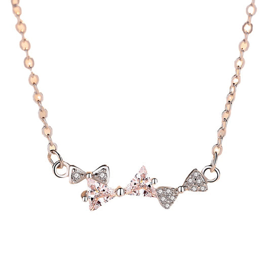 Three Bowknots with Zircon Silver Necklace for Women