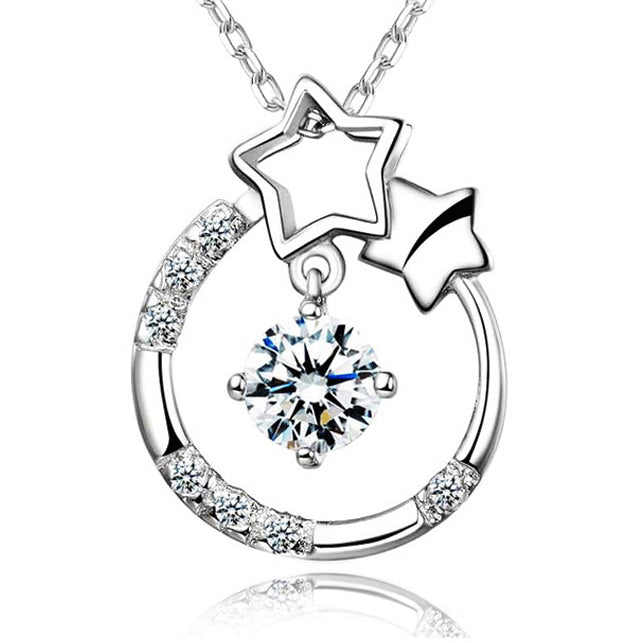 Star with Round Zircon Circle Pendant Silver Necklace for Women