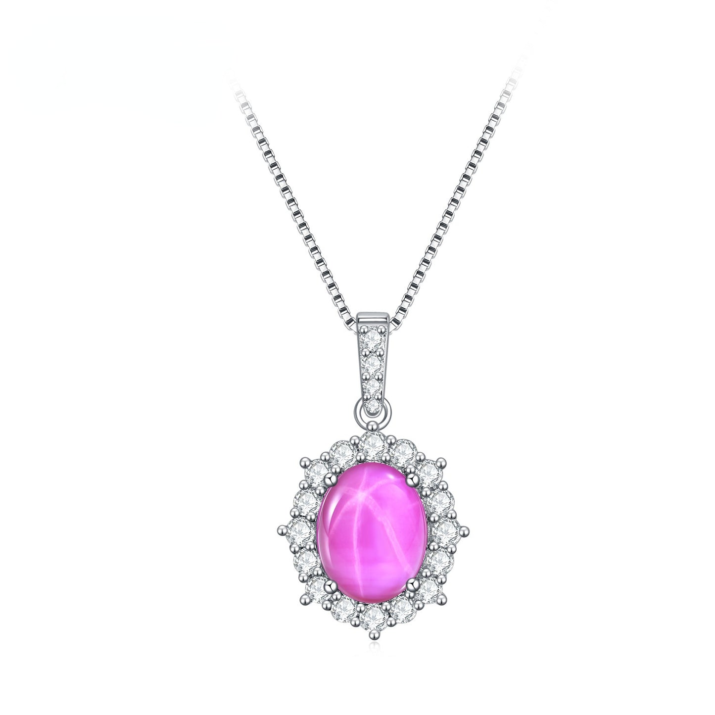 European Fashion Luxury Jewelry Design Six Starlight Synthetic Gemstone Soleste Halo Oval Pendant Silver Necklace for Women