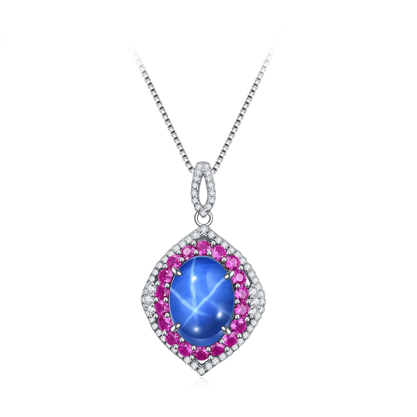 European Fashion Luxury Jewelry Design Six Starlight Surround Inlay Colourful Gemstone with Synthetic Gemstone Soleste Halo Oval Pendant Silver Necklace for Women