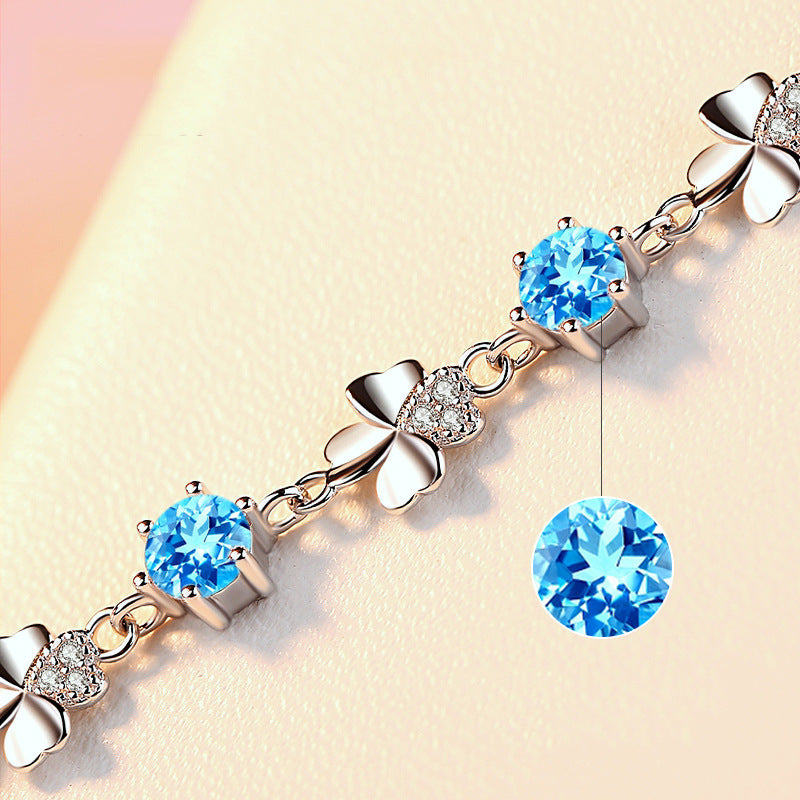 Four-leaf Clover with Blue Zircon Silver Bracelet for Women