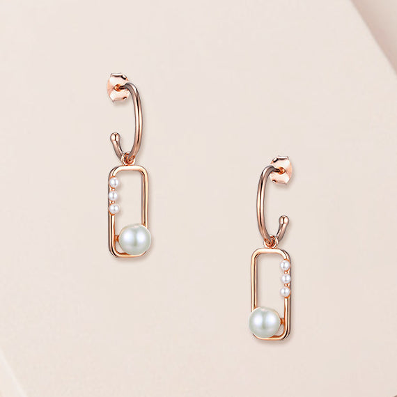Hollow Rectangular with Pearl Silver Drop Earrings for Women