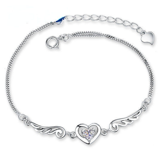 Angel Wings with Heart Zircon Silver Bracelet for Women
