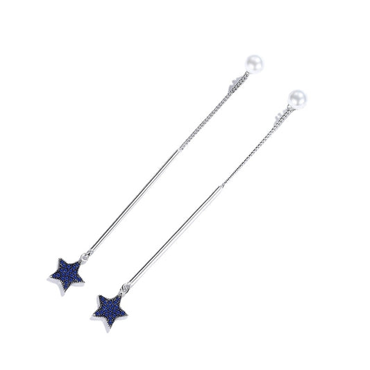 Blue Zircon Star with Pearl Long Tassels Silver Drop Earrings for Women