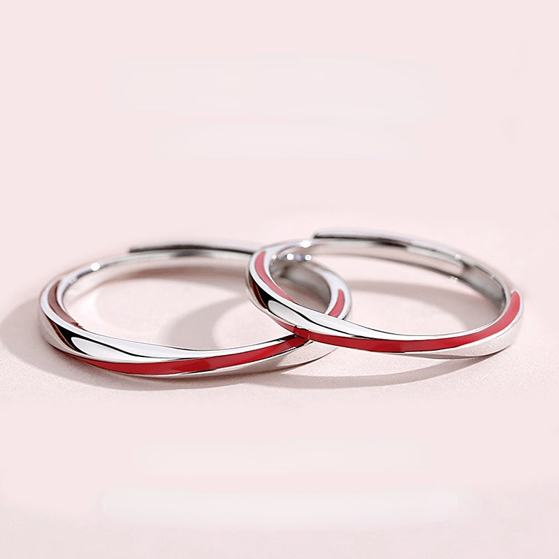 Red Enamel Silver Couple Ring