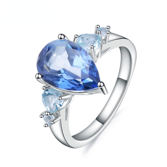 European Natural Topaz Pear Drop Cathedral Silver Ring for Women