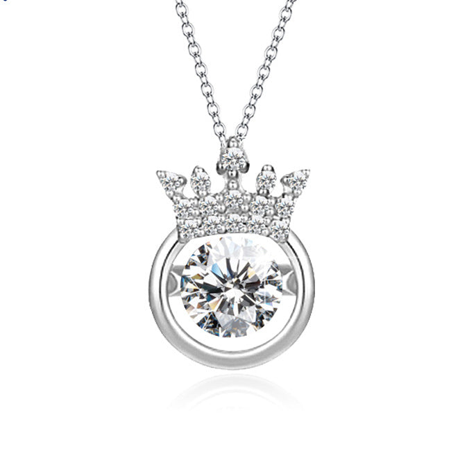 Crown with Round Zircon Circle Pendant Silver Necklace  for Women
