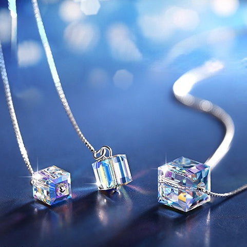 White Crystal Square Cube Pendant Silver Necklace for Women