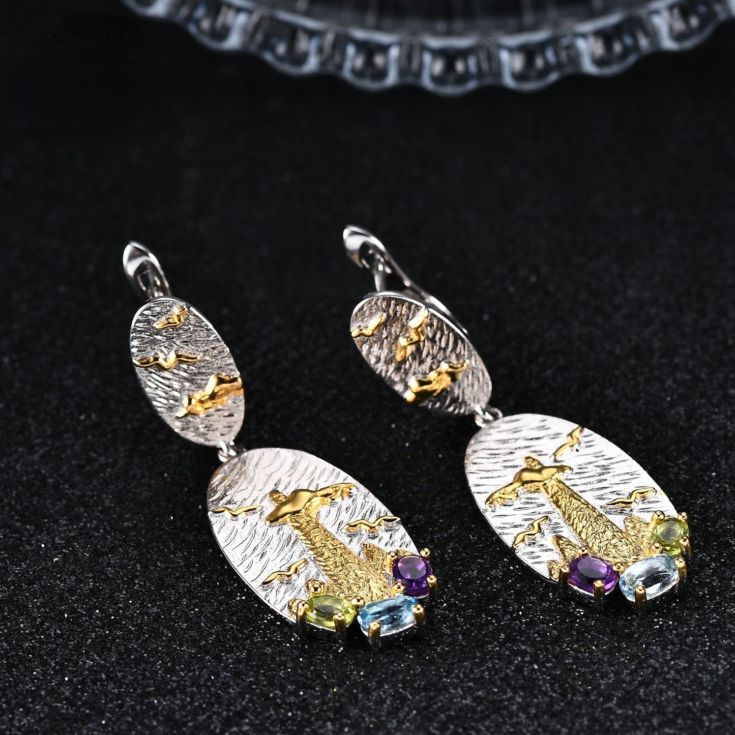 Italian Style Inlaid Colourful Crystal Oval Silver Drop Earrings for Women