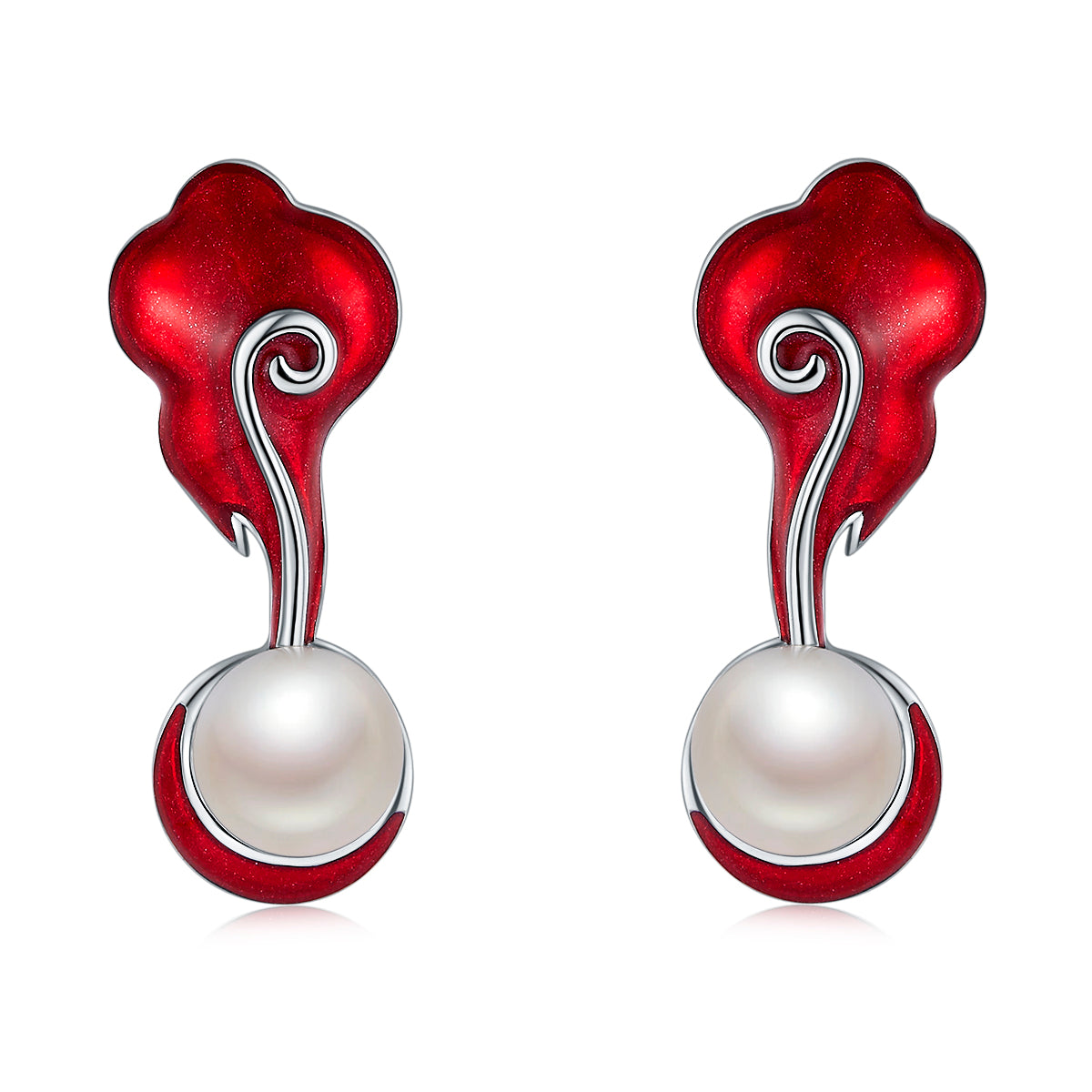 Red Ornamental Sceptre Enamel with Pearl Silver Drop Earrings for Women