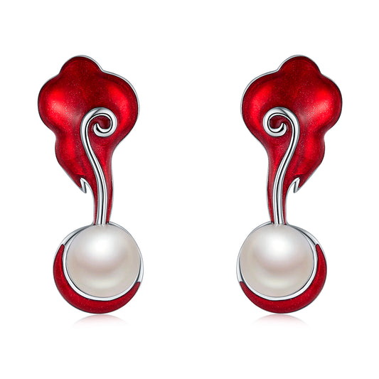 Red Ornamental Sceptre Enamel with Pearl Silver Drop Earrings for Women