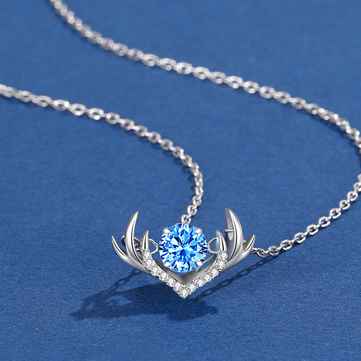 Blue Zircon Deer Pendant Silver Necklace for Women