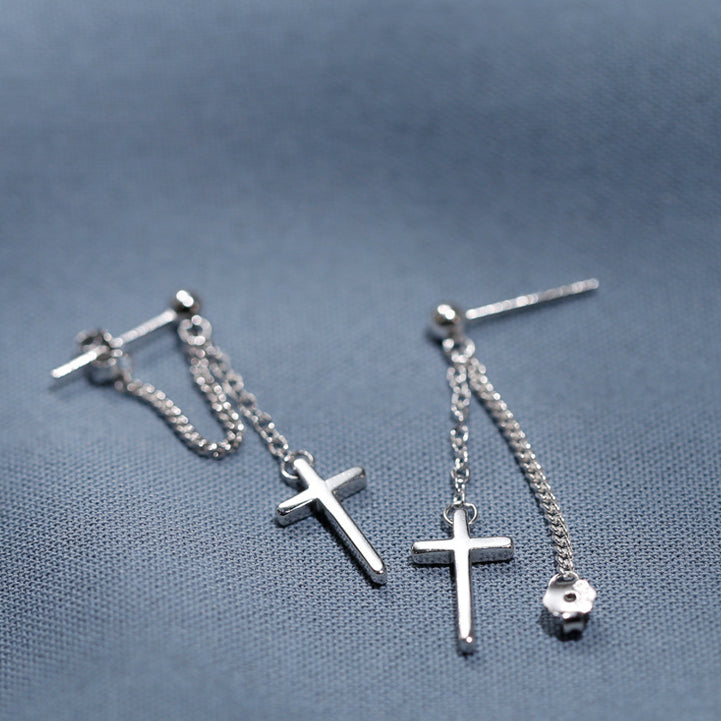 Cross with chain silver drop earrings for women