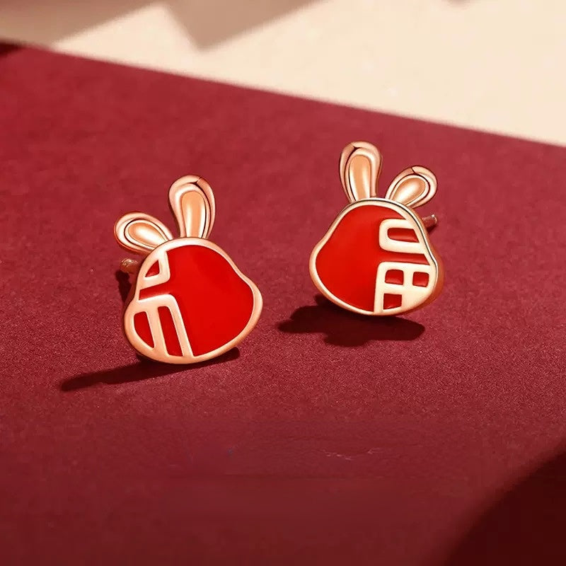 Red Enamel Fortune Rabbit Silver Studs Earrings for Women