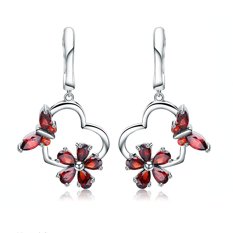 Natural Garnet Heart Shape with Butterfly and Flower Silver Drop Earrings for Women