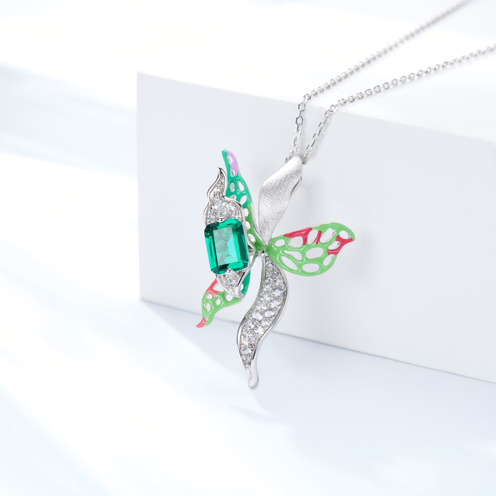 Butterfly Orchid Enamel Silver Necklace for Women