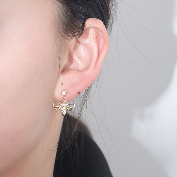 Hollow-out Zircon Bee Silver Drop Earrings for Women