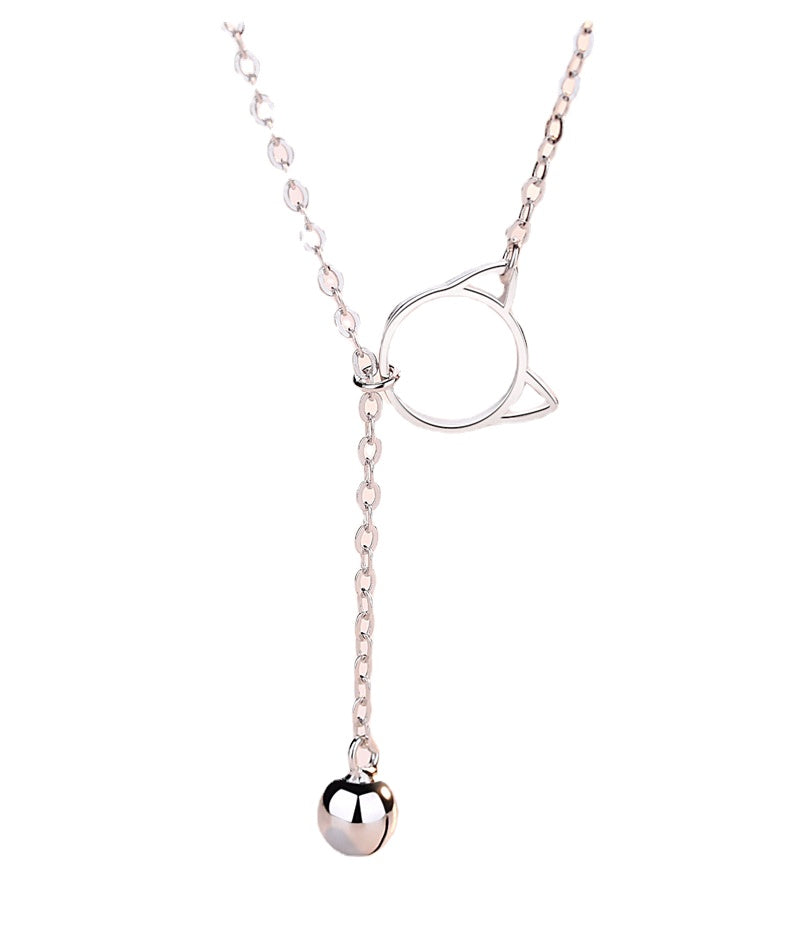Kitty with Bell Silver Necklace  for Women
