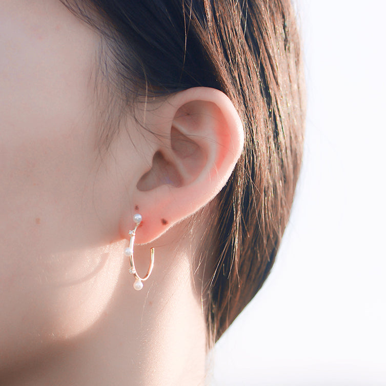 C-shaped with Pearl Zircon Silver Studs Earrings for Women