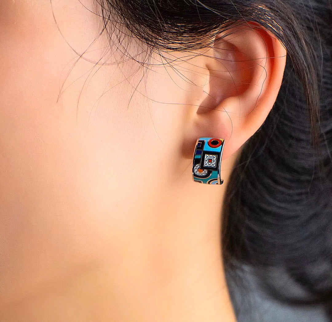 Blue Geometric Pattern Enamel Silver Studs Earrings for Women