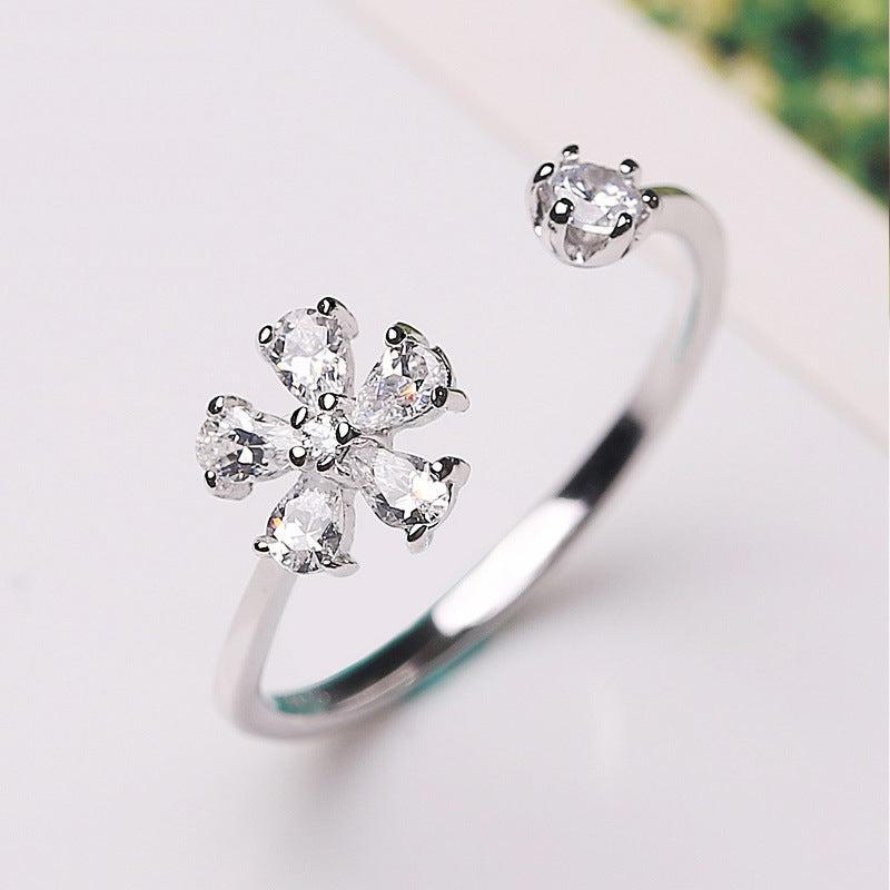 Opening Design Zircon Flowers Silver Ring for Women