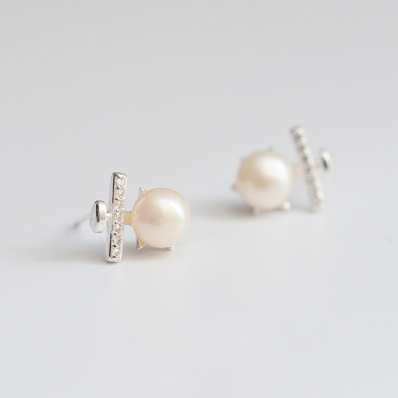 Freshwater Pearl with Zircon Silver Stud Earrings for Women