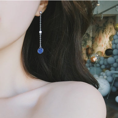 Blue Zircon Circle Long Style Silver Drop Earrings for Women